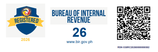 Bureau of Internal Revenue Registered seal badge 2026, RSN 038RC20260000008582. Scan the QR code to verify our registration.
